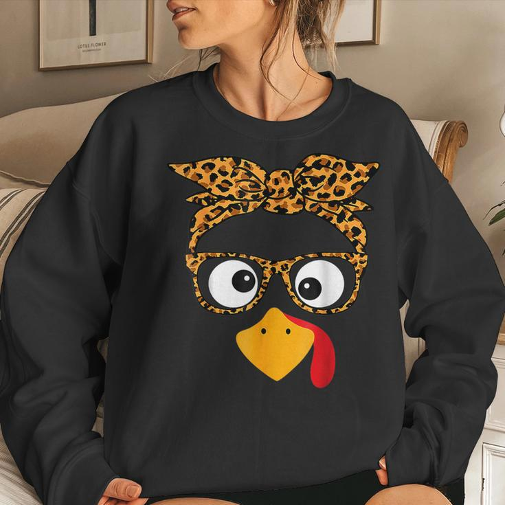 Thanksgiving Turkey Face Leopard Print Glasses Autumn Fall Women Sweatshirt Gifts for Her