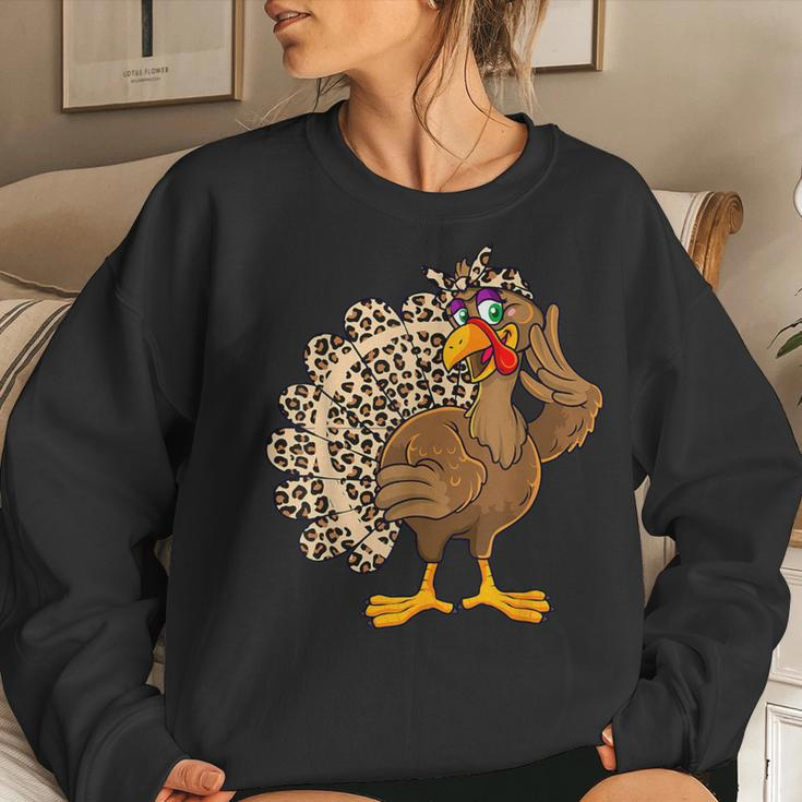 Thanksgiving Turkey Girl Leopard Print Autumn Fall Women Sweatshirt Gifts for Her
