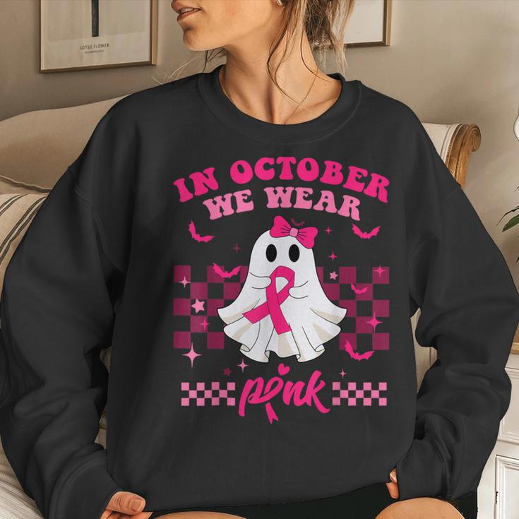 We Wear Pink Breast Cancer Awareness Ghost Halloween Groovy Women Sweatshirt Gifts for Her