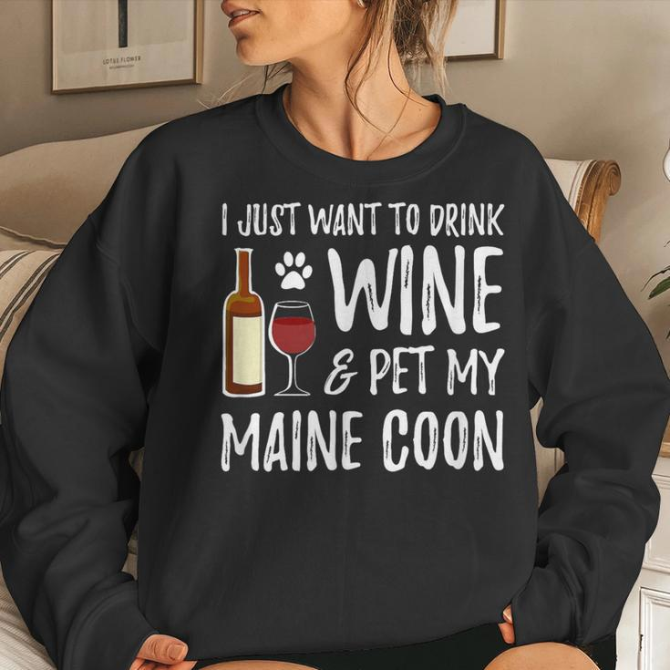 Wine And Maine Coon Cat Mom Or Cat Dad Idea Women Sweatshirt Gifts for Her
