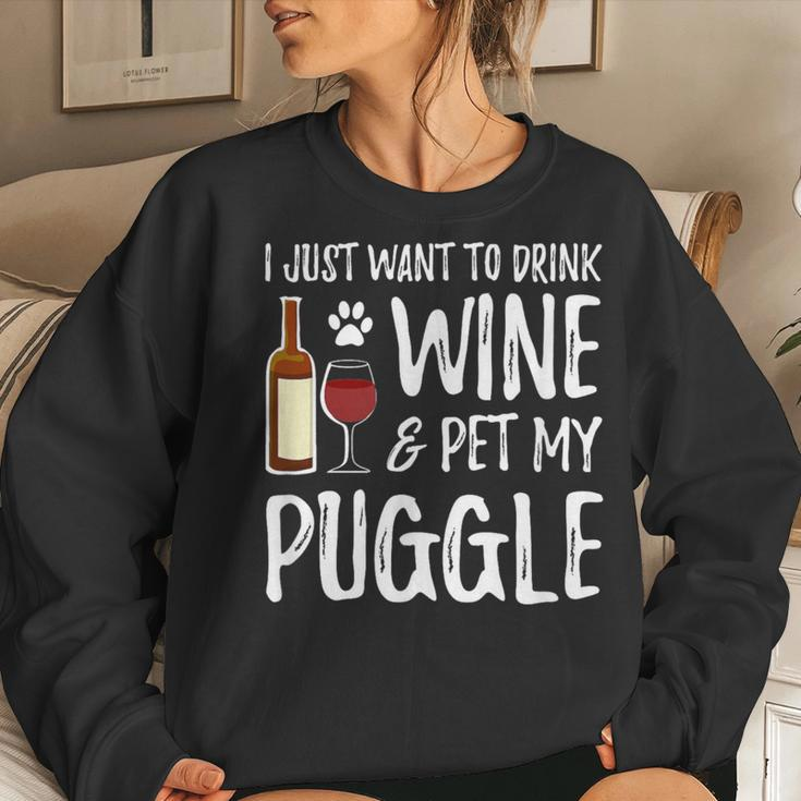 Wine And Puggle Dog Mom Or Dog Dad Idea Women Sweatshirt Gifts for Her