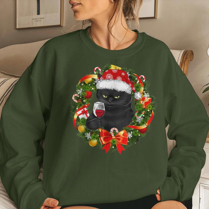 Black Cat And Wine Christmas Wreath Ornament Women Sweatshirt Gifts for Her