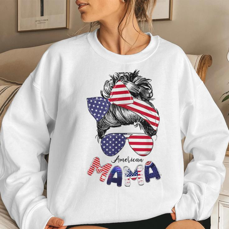 4Th Of July American Mama Messy Bun Mom Life Patriotic Mom For Mom Women Sweatshirt Gifts for Her