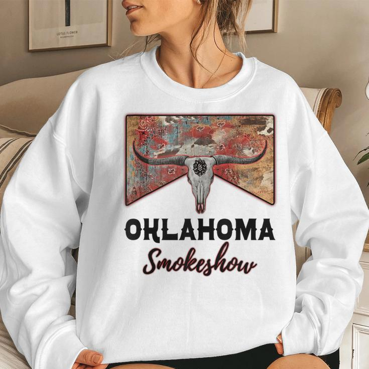Boho Bull Skull Cow Print Oklahoma Smokeshow Western Country Women Crewneck Graphic Sweatshirt Gifts for Her