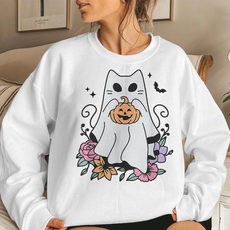 Cat Ghosts Boo Halloween Retro Pumpkin Floral Flowers Women Sweatshirt Gifts for Her