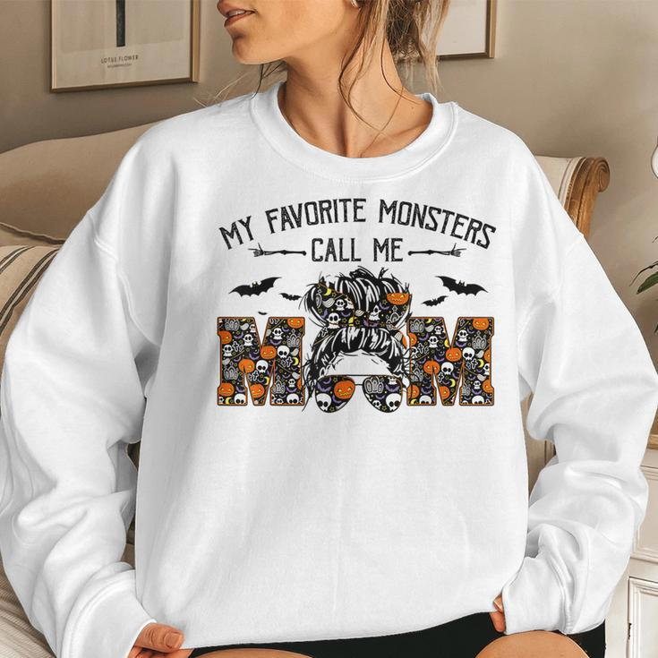 My Favorite Monsters Call Me Mom Messy Bun Happy Halloween Women Crewneck Graphic Sweatshirt Gifts for Her