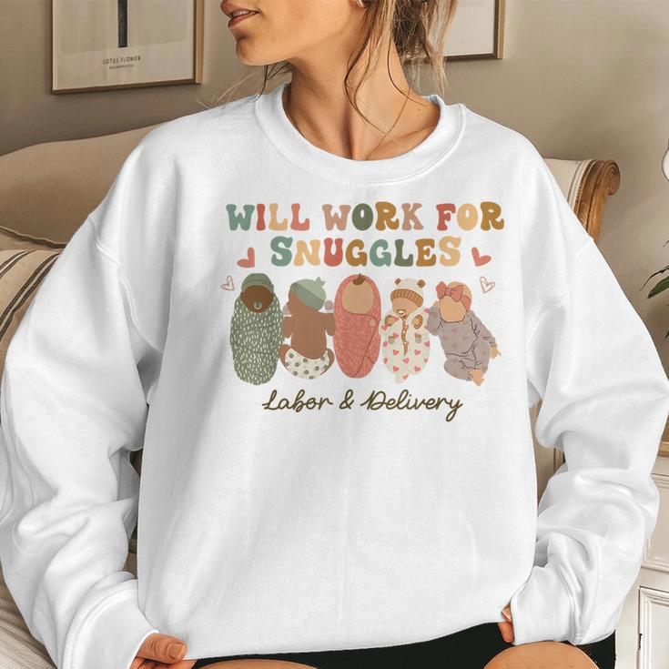 Groovy Will Work For Snuggles Labor & Delivery Nurse Women Crewneck Graphic Sweatshirt Gifts for Her
