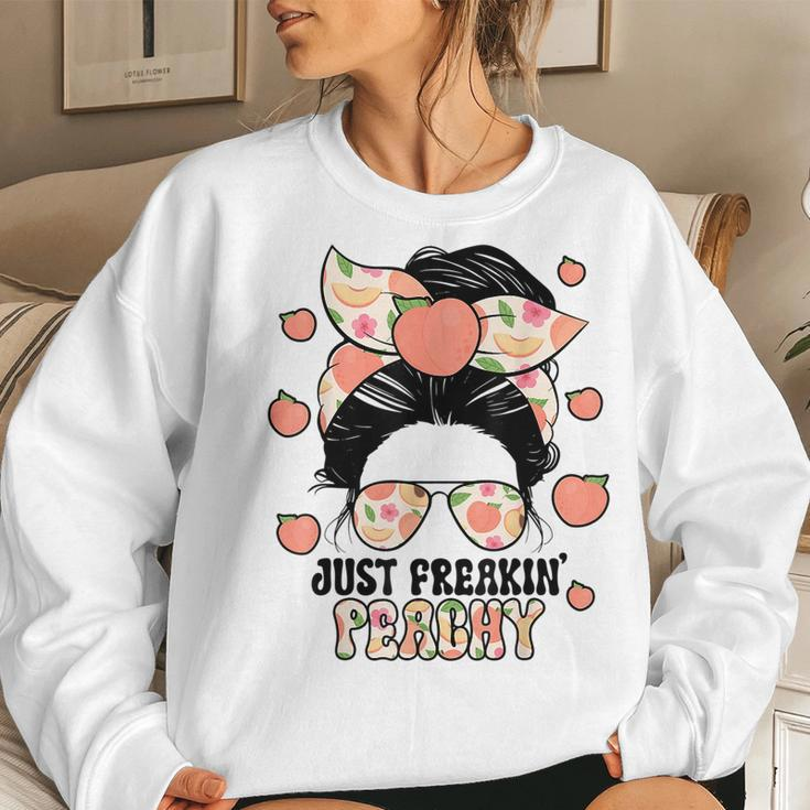 Just Freakin Peachy Peach Messy Bun Girl Summertime Women Crewneck Graphic Sweatshirt Gifts for Her