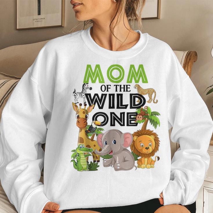 Mom Of The Wild One Birthday 1St Safari Jungle Family White Women Crewneck Graphic Sweatshirt Gifts for Her