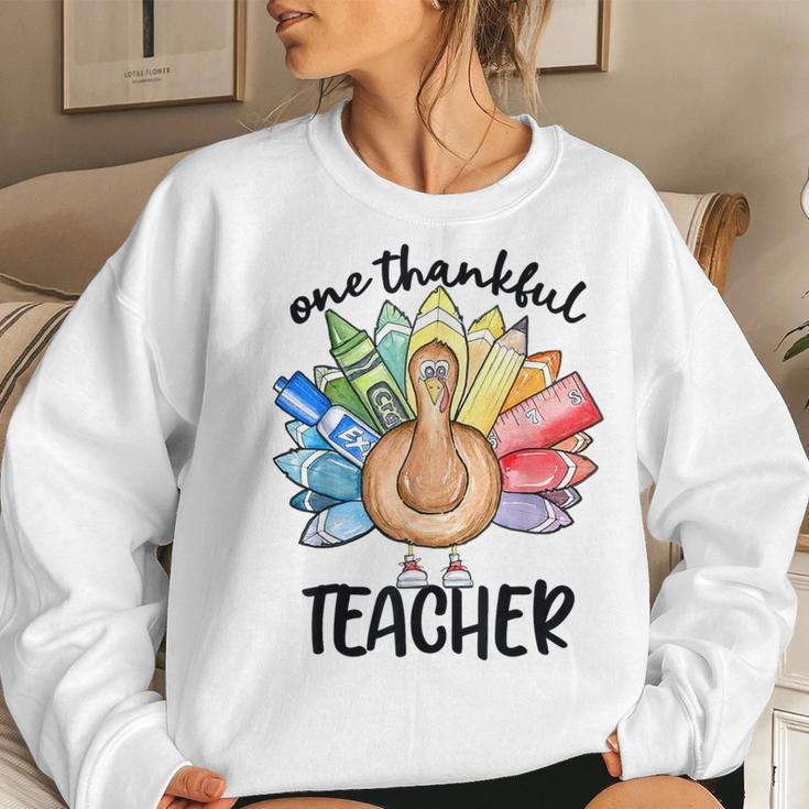 One Thankful Teacher Thanksgiving Turkey Cute Crayon Pencil Women Sweatshirt Gifts for Her