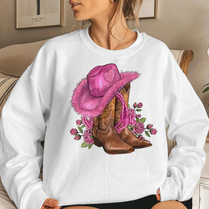 Pink Cowgirl Hat Cowgirl Boots Western Cowhide Rose Flowers Women Sweatshirt Gifts for Her