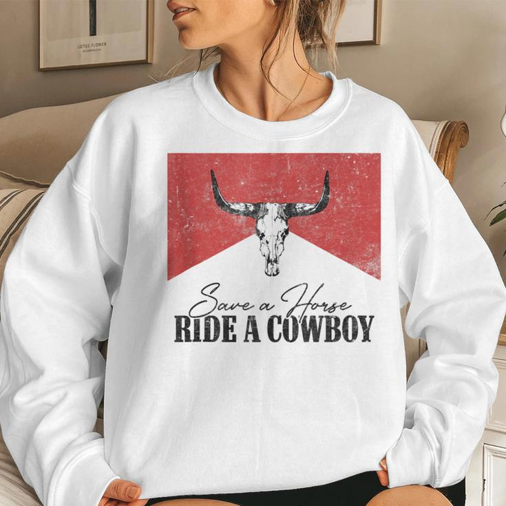 Retro Bull Skull Save A Horse Ride A Cowboy Western Country Women Crewneck Graphic Sweatshirt Gifts for Her