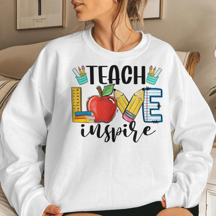 Teach Love Inspire Cute Teacher Teaching 1St Day Of School Women Crewneck Graphic Sweatshirt Gifts for Her