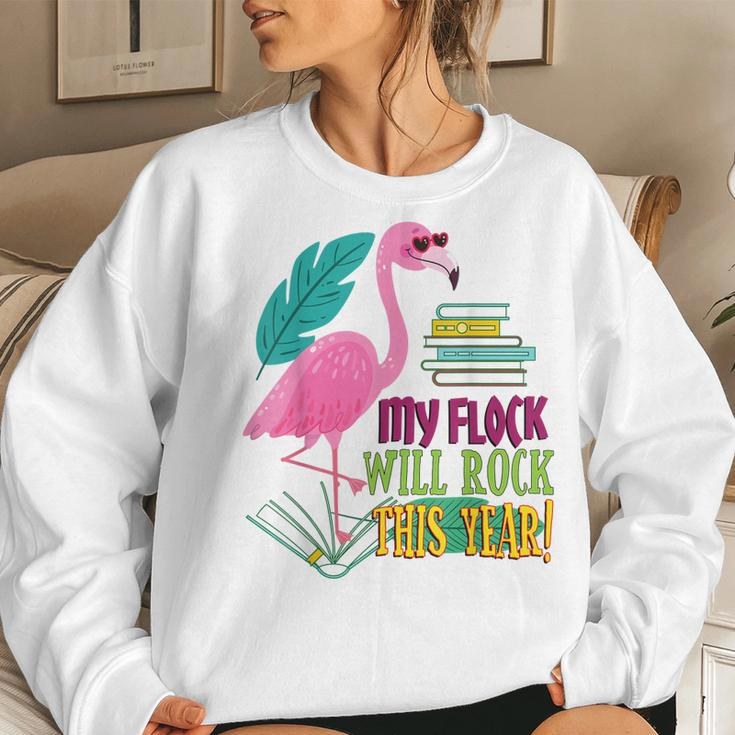 Teacher Flamingo My Flock Will Rock First Day School Women Crewneck Graphic Sweatshirt Gifts for Her