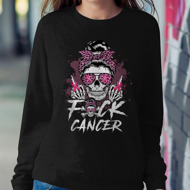 Fuck Breast Cancer Warrior Pink Ribbon Messy Bun Hair Women Sweatshirt Unique Gifts