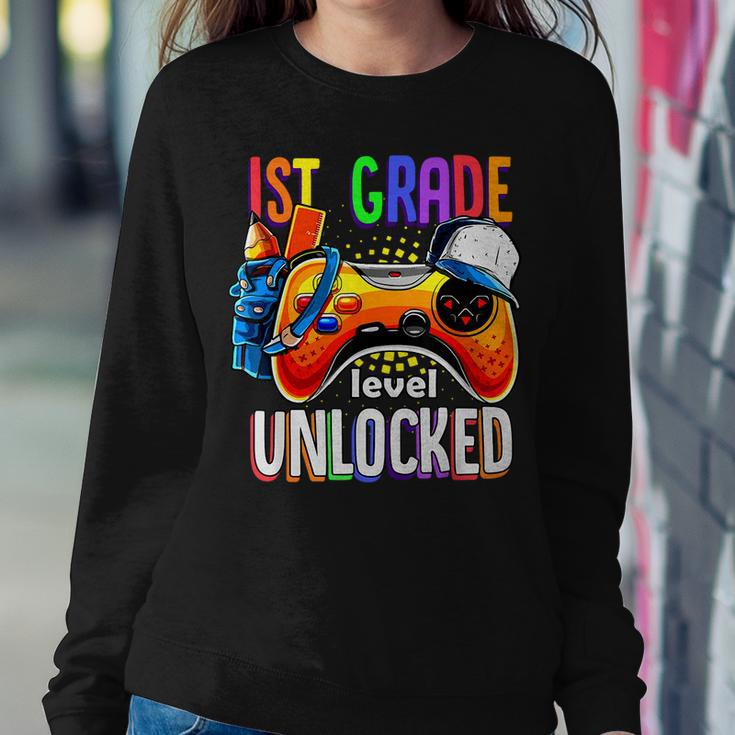 Gamer Back To School Gamepad 1St First Grade Level Unlocked Women Crewneck Graphic Sweatshirt Unique Gifts