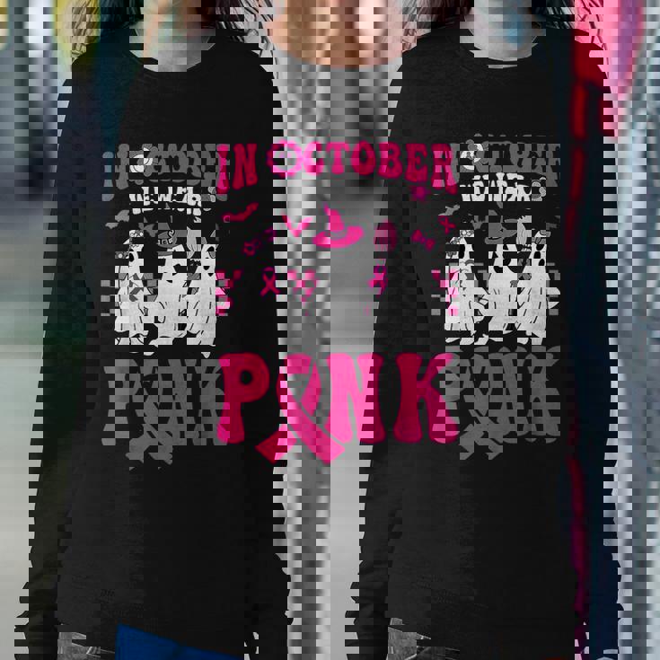 Groovy In October We Wear Pink Ghost Halloween Breast Cancer Women Sweatshirt Unique Gifts