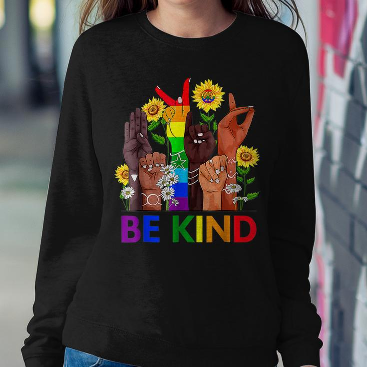 Be Kind Sign Language Hand Talking Lgbtq Flag Gay Pride Women Sweatshirt Unique Gifts