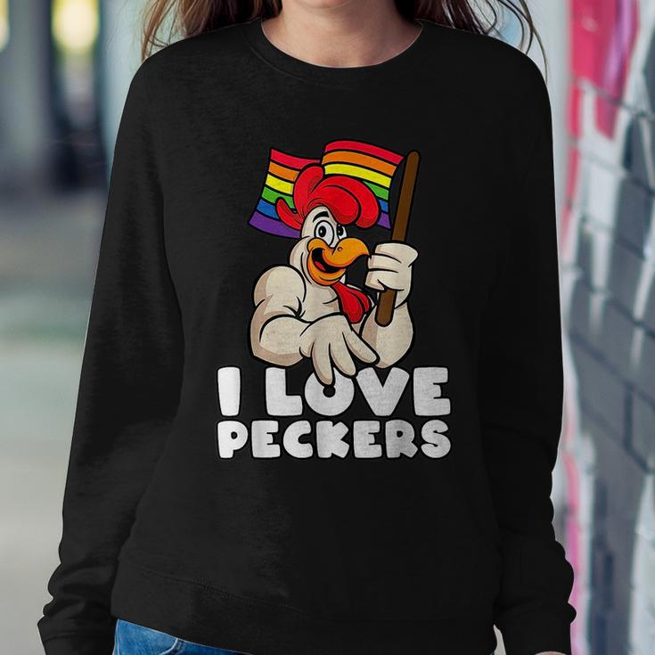 Lgbt Rainbow Flag Rooster Pun I Love Peckers Gay Chicken Dad Women Crewneck Graphic Sweatshirt Funny Gifts