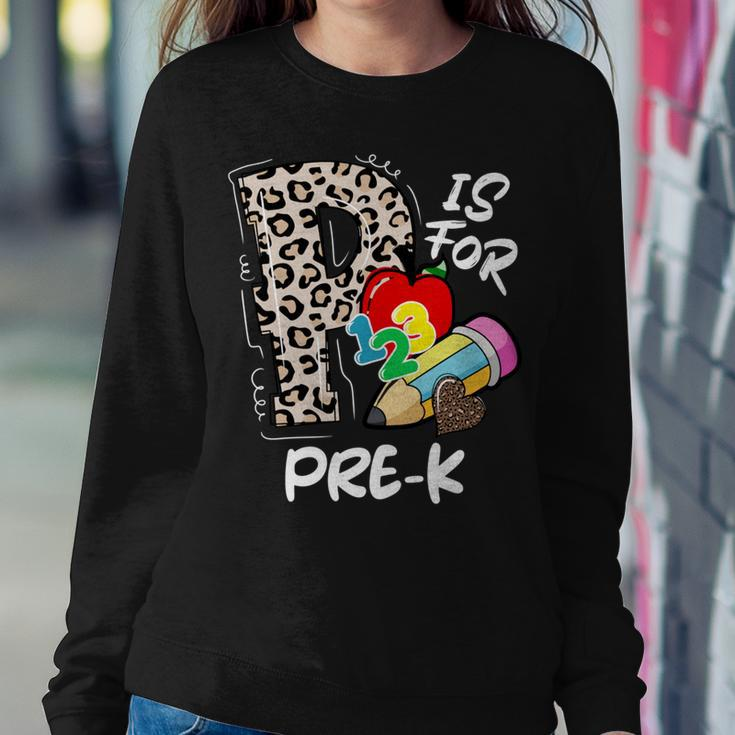 P Is For Pre-K Leopard Teacher Happy First Day Of School Women Sweatshirt Funny Gifts