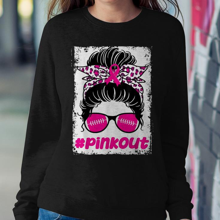 Pink Out Ou Breast Cancer Football Messy Bun Cheer Bleached Women Sweatshirt Funny Gifts