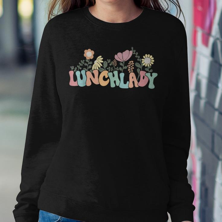 Retro Groovy Flower Lunch Lady Women Cool Gifts Mom Teacher Women Crewneck Graphic Sweatshirt Funny Gifts