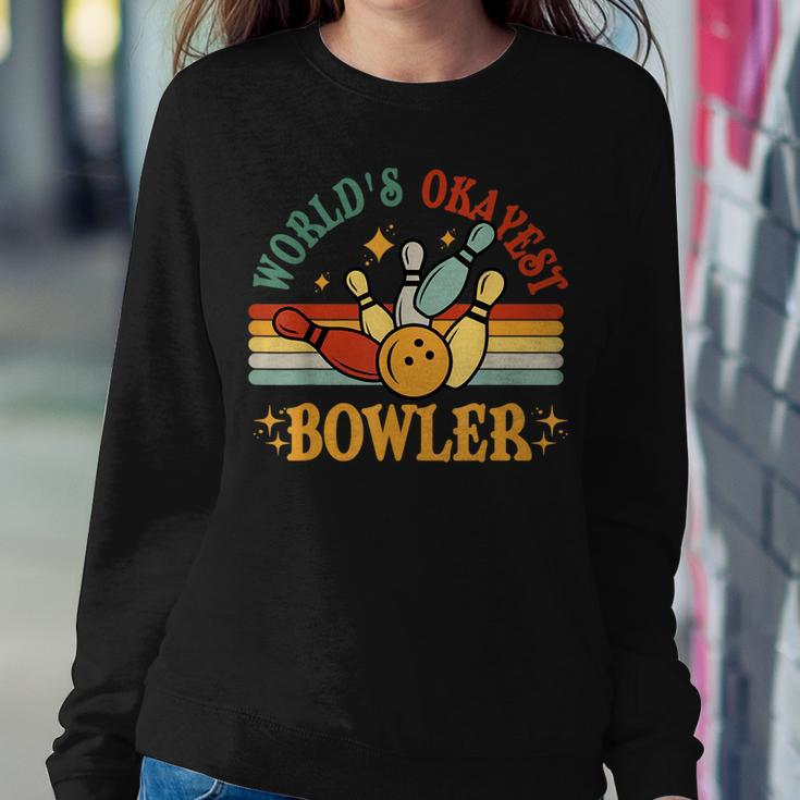 Retro Worlds Okayest Bowler Funny Men Women Mom Kids Bowling Women Crewneck Graphic Sweatshirt Funny Gifts