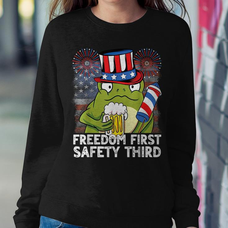 Usa 4Th Of July Frog Beer Freedom First Safety Third Women Crewneck Graphic Sweatshirt Funny Gifts