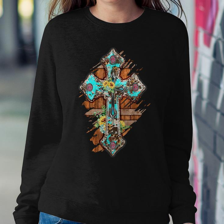 Western Boho Christian Turquoise Leopard Faith Cross Jesus Faith Women Sweatshirt Unique Gifts