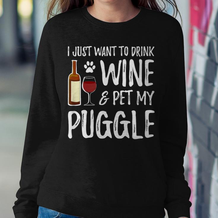 Wine And Puggle Dog Mom Or Dog Dad Idea Women Sweatshirt Funny Gifts