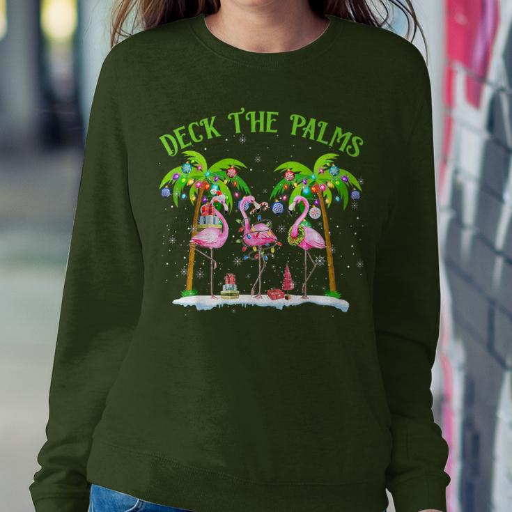 Deck The Palms Flamingo Tropical Christmas Lights Palm Tree Women Sweatshirt Personalized Gifts