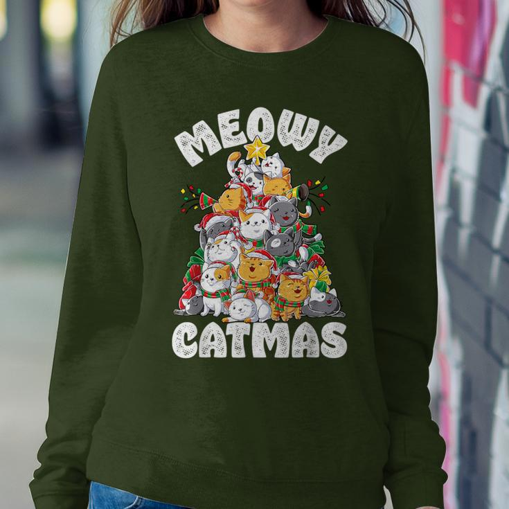 Meowy Catmas Cat Christmas Tree Xmas Girls Boys Santa Short Sleeve Women Sweatshirt Funny Gifts