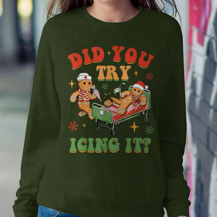 Retro Icu Nurse Christmas Gingerbread Did You Try Icing It Women Sweatshirt Funny Gifts