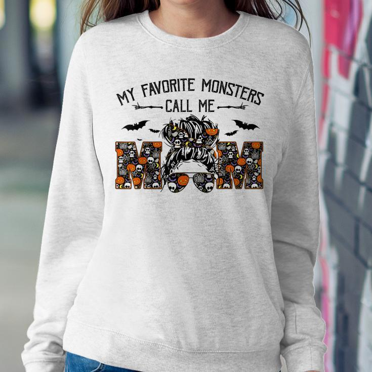 My Favorite Monsters Call Me Mom Messy Bun Happy Halloween Women Crewneck Graphic Sweatshirt Funny Gifts
