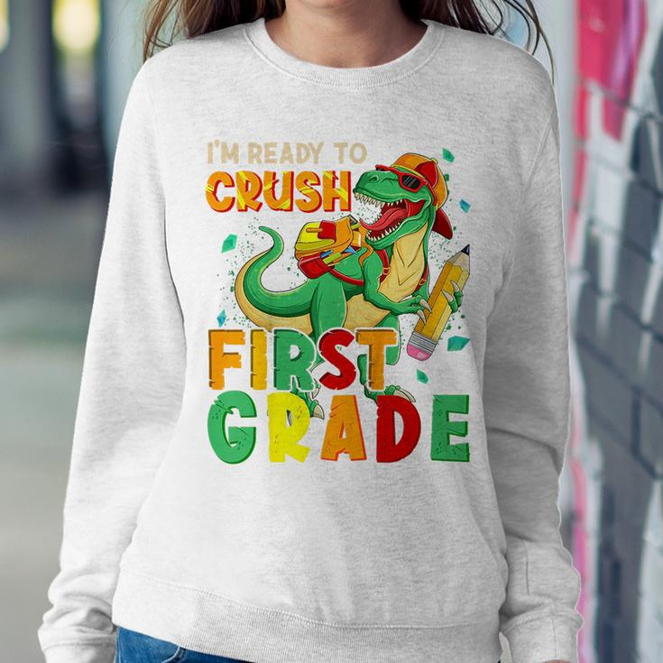 Kids Im Ready To Crush First Grade Back To School Dinosaur Women Crewneck Graphic Sweatshirt Funny Gifts