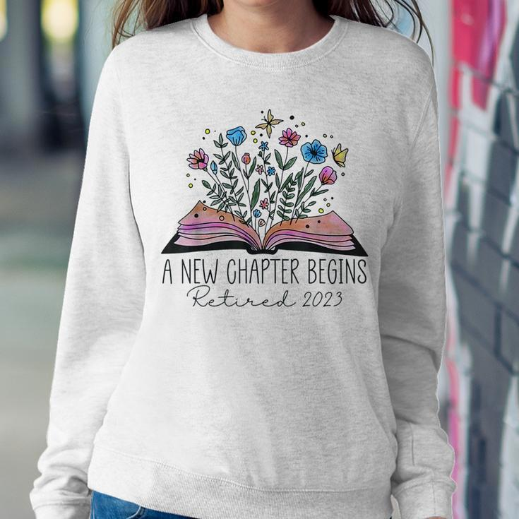 Retired 2023 A New Chapter Begins Bookworm Librarian Teacher Women Crewneck Graphic Sweatshirt Unique Gifts