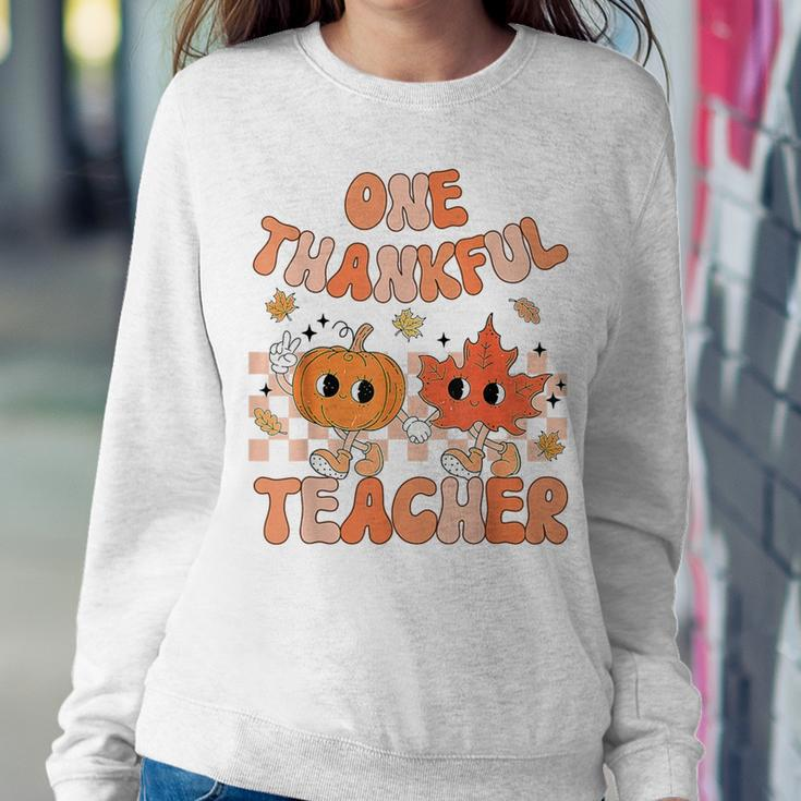 Retro One Thankful Teacher Pumpkin Fall Leaves Thanksgiving Women Sweatshirt Personalized Gifts