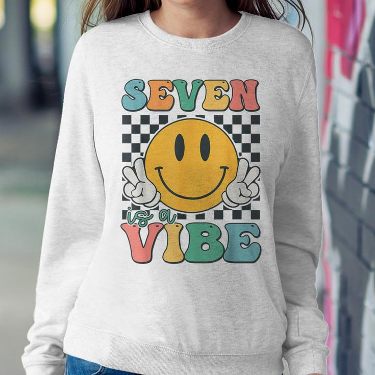 Seven Is A Vibe 7Th Birthday Smile Face Hippie Boy Girl Kid Women Sweatshirt Personalized Gifts