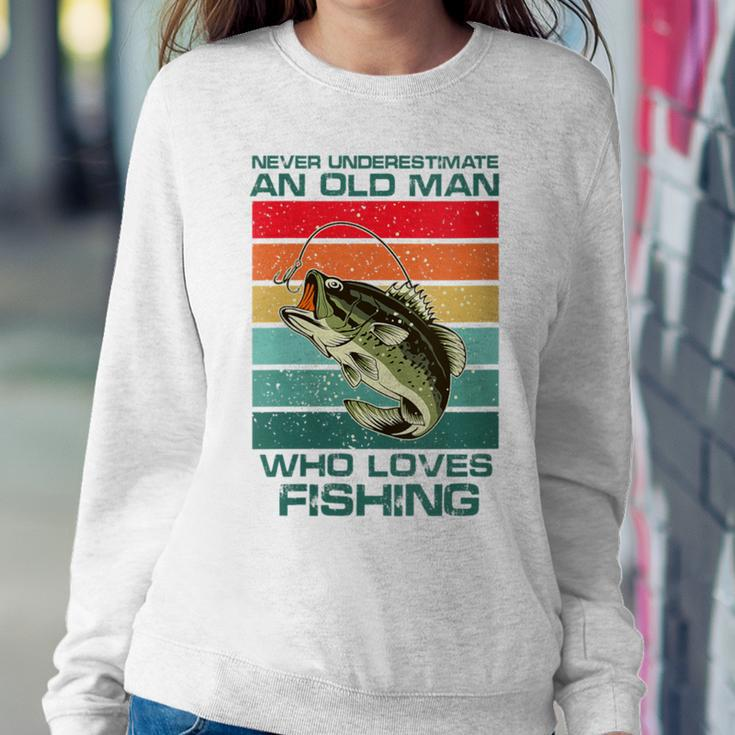 Never Underestimate A Old Man Who Loves Fishing Bass Vintage Women Sweatshirt Funny Gifts