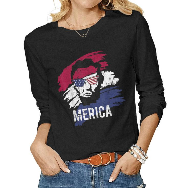 4Th Of July  Lincoln Merica Usa Flag Women Men Kids  Women Graphic Long Sleeve T-shirt