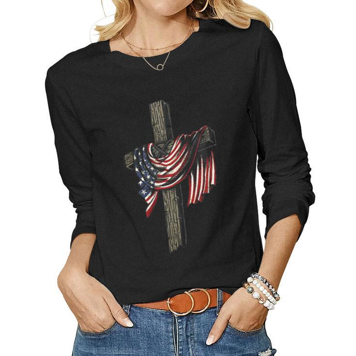 American By Birth Christian By Choice Dad By The Grace Women Graphic Long Sleeve T-shirt