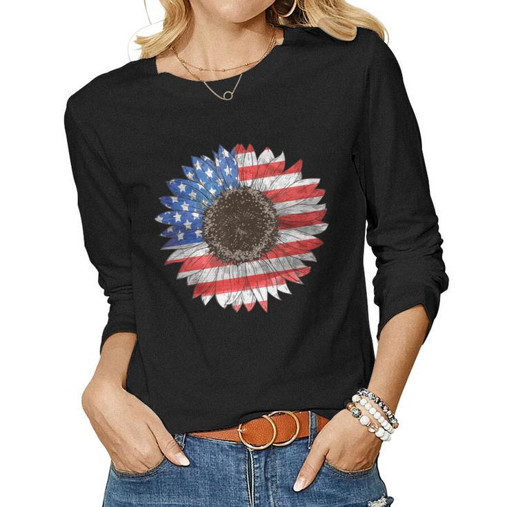 American Flag Sunflower Graphic 4Th Of July Independence Day Women Long Sleeve T-shirt