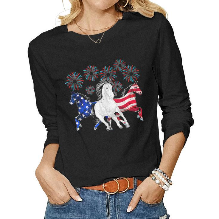 Horses Fireworks 4Th Of July Us Independence Day Women Long Sleeve T-shirt