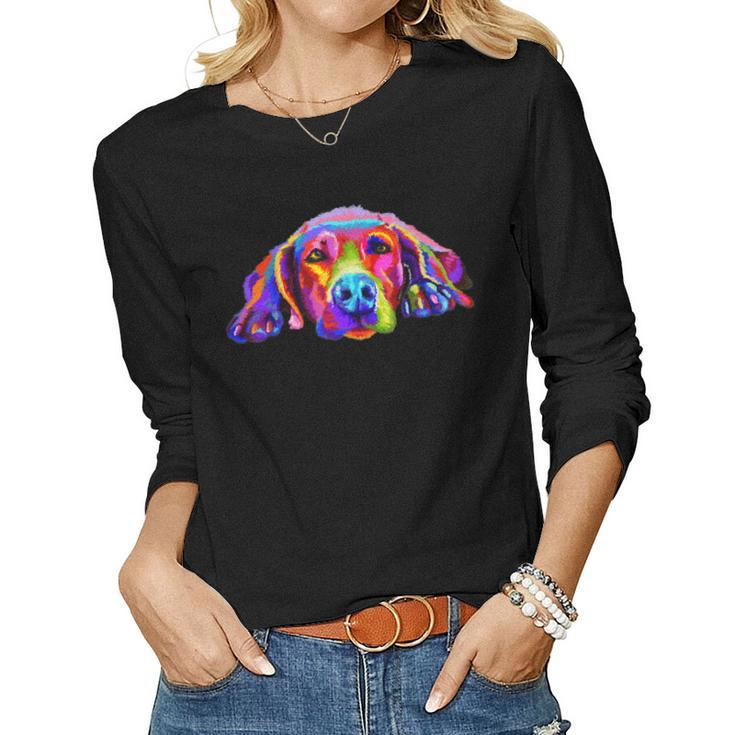 Lovely Weimaraner Waiting For You Rainbow Colors Women Graphic Long Sleeve T-shirt