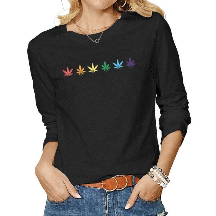 Rainbow Marijuana Cannabis Weed Lgbt Pride Ally Women Long Sleeve T-shirt