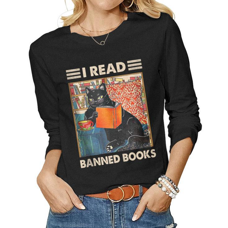 I Read Banned Books Black Cat Reader Bookworm Women Women Long Sleeve T-shirt