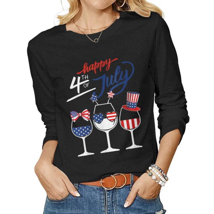 Red White Blue Wine Glass Usa Flag Happy 4Th Of July Women Long Sleeve T-shirt
