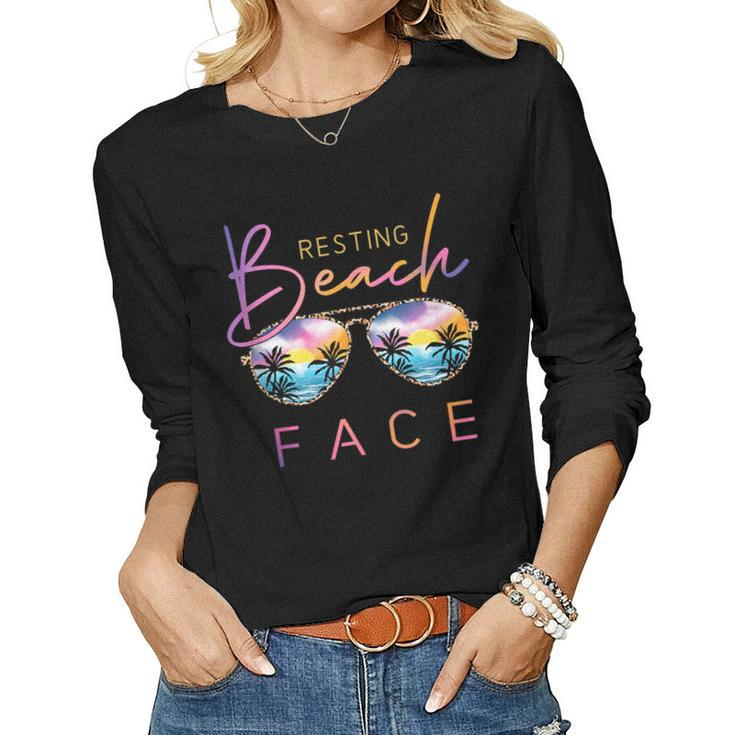 Resting Beach Face Vintage Retro Beach Vacation For Womens Women Long Sleeve T-shirt