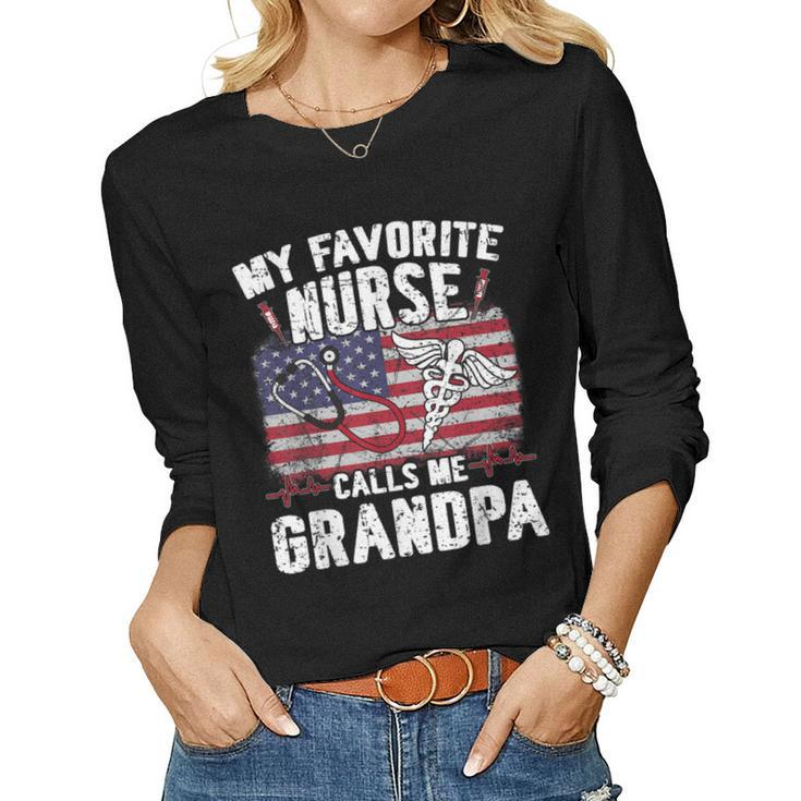 Retro My Favorite Nurse Calls Me Grandpa Usa Flag Father Day Women Long Sleeve T-shirt