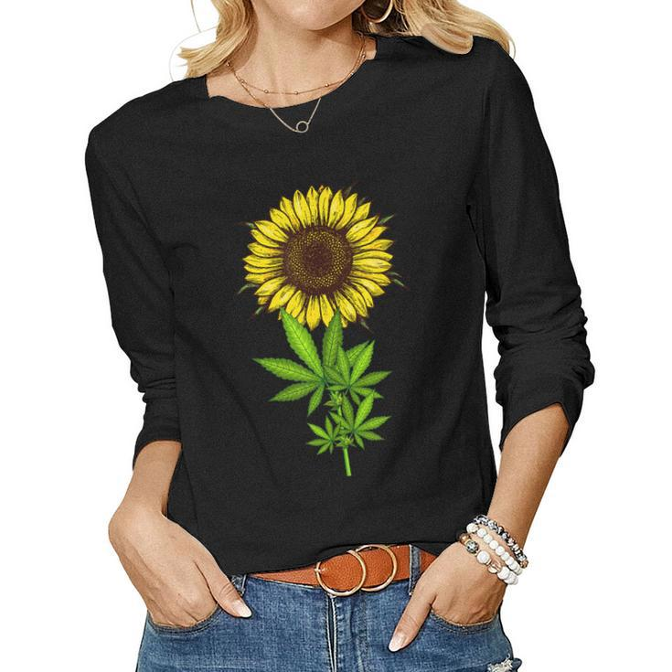 Weed Marijuana Leaf Cannabis Sunflower Funny Girls Mom Mama Women Graphic Long Sleeve T-shirt